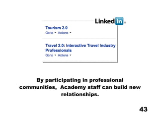 By participating in professional communities,  Academy staff can build new relationships. 