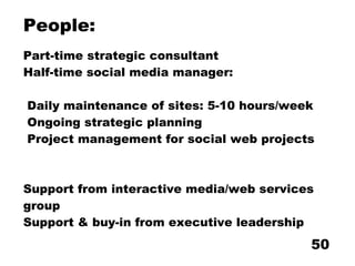 People: Part-time strategic consultant Half-time social media manager:   Daily maintenance of sites: 5-10 hours/week  Ongoing strategic planning  Project management for social web projects   Support from interactive media/web services group Support & buy-in from executive leadership 