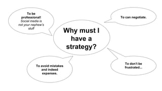 Why must I
have a
strategy?
To be
professional!
Social media is
not your nephew’s
stuff
To avoid mistakes
and indeed
expanses.
To don’t be
frustrated...
To can negotiate.
 