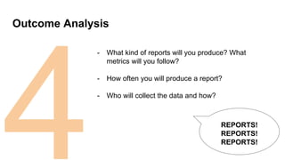 4
Outcome Analysis
- What kind of reports will you produce? What
metrics will you follow?
- How often you will produce a report?
- Who will collect the data and how?
REPORTS!
REPORTS!
REPORTS!
 