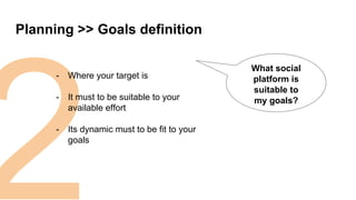 2
Planning >> Goals definition
What social
platform is
suitable to
my goals?
- Where your target is
- It must to be suitable to your
available effort
- Its dynamic must to be fit to your
goals
 