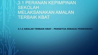 3.1 PERANAN KEPIMPINAN
SEKOLAH
MELAKSANAKAN AMALAN
TERBAIK KBAT
3.1.2 AMALAN TERBAIK KBAT – PENGETUA SEBAGAI PEMBIMBING
 