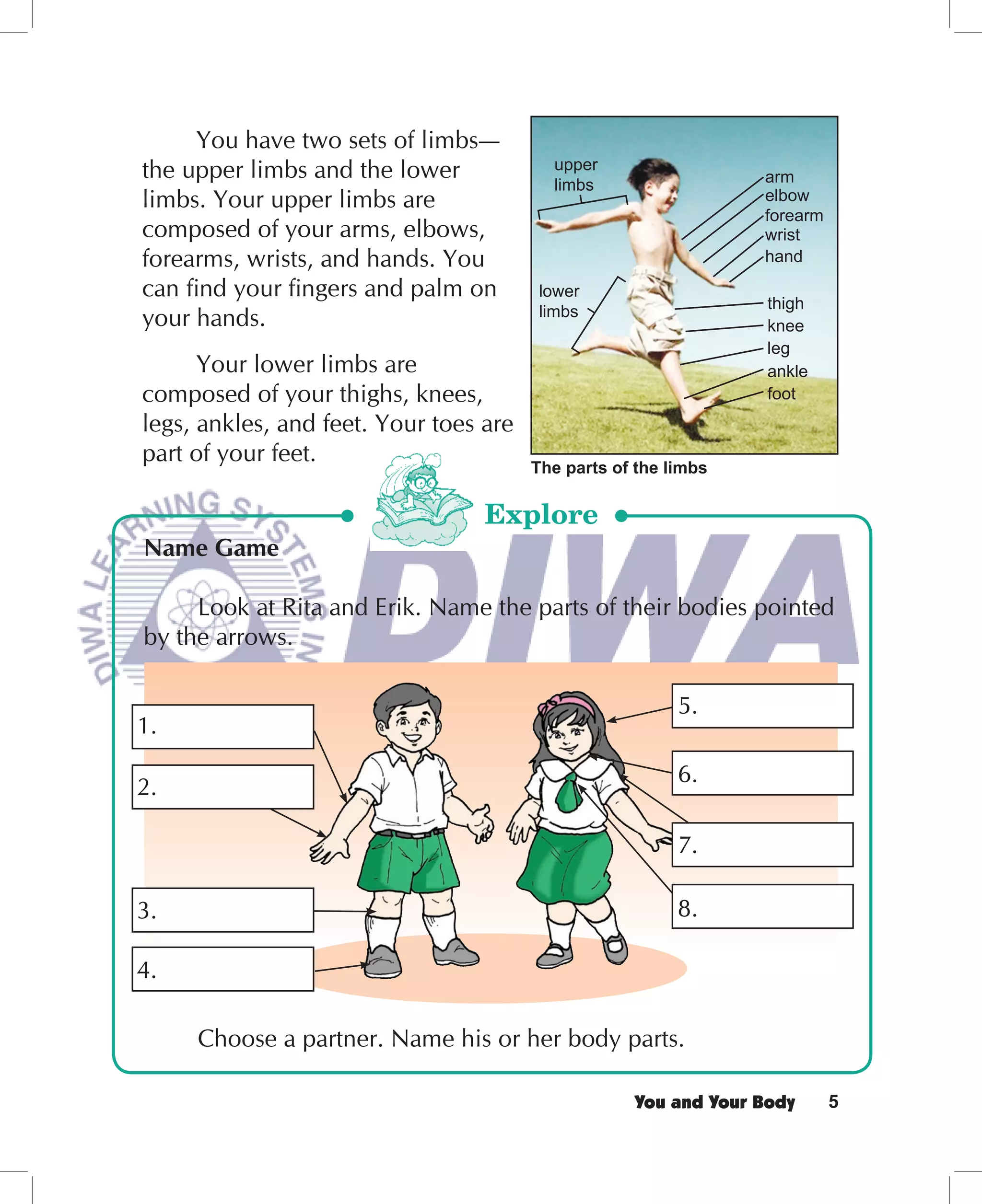 You have two sets of limbs—
the upper limbs and the lower             upper
                                          limbs                  arm
limbs. Your upper limbs are                                      elbow
                                                                 forearm
composed of your arms, elbows,                                   wrist
forearms, wrists, and hands. You                                 hand

can ﬁnd your ﬁngers and palm on         lower
                                        limbs                     thigh
your hands.                                                       knee
                                                                  leg
      Your lower limbs are                                        ankle
composed of your thighs, knees,                                   foot
legs, ankles, and feet. Your toes are
part of your feet.                      The parts of the limbs

                                  Explore
Name Game

     Look at Rita and Erik. Name the parts of their bodies pointed
by the arrows.

                                                          5.
1.
                                                          6.
2.

                                                          7.

3.                                                        8.

4.

     Choose a partner. Name his or her body parts.

                                                    You and Your Body      5
 