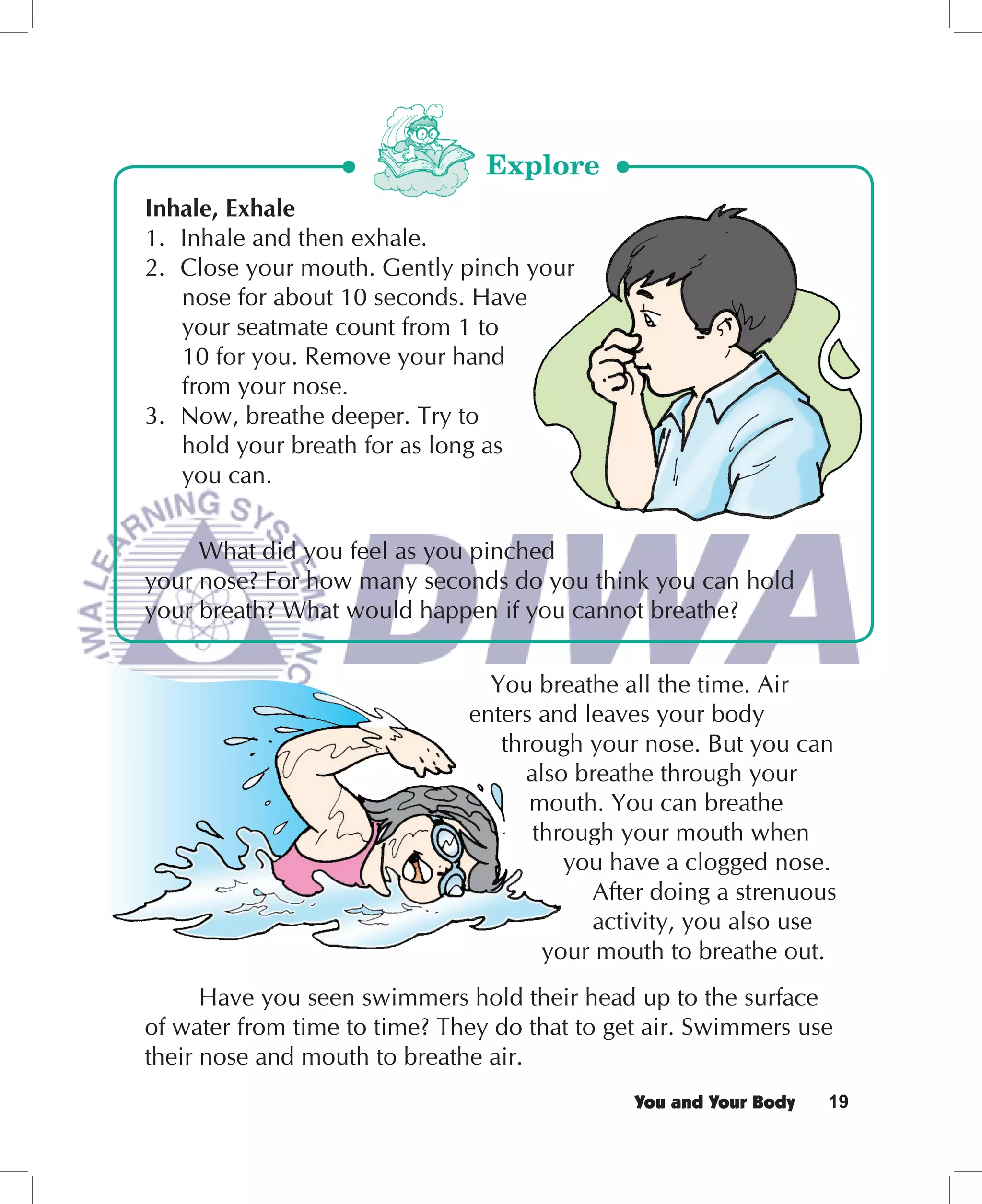 Explore
Inhale, Exhale
1. Inhale and then exhale.
2. Close your mouth. Gently pinch your
   nose for about 10 seconds. Have
   your seatmate count from 1 to
   10 for you. Remove your hand
   from your nose.
3. Now, breathe deeper. Try to
   hold your breath for as long as
   you can.


     What did you feel as you pinched
your nose? For how many seconds do you think you can hold
your breath? What would happen if you cannot breathe?


                                You breathe all the time. Air
                              enters and leaves your body
                                 through your nose. But you can
                                    also breathe through your
                                    mouth. You can breathe
                                     through your mouth when
                                        you have a clogged nose.
                                          After doing a strenuous
                                          activity, you also use
                                      your mouth to breathe out.
      Have you seen swimmers hold their head up to the surface
of water from time to time? They do that to get air. Swimmers use
their nose and mouth to breathe air.
                                              You and Your Body   19
 