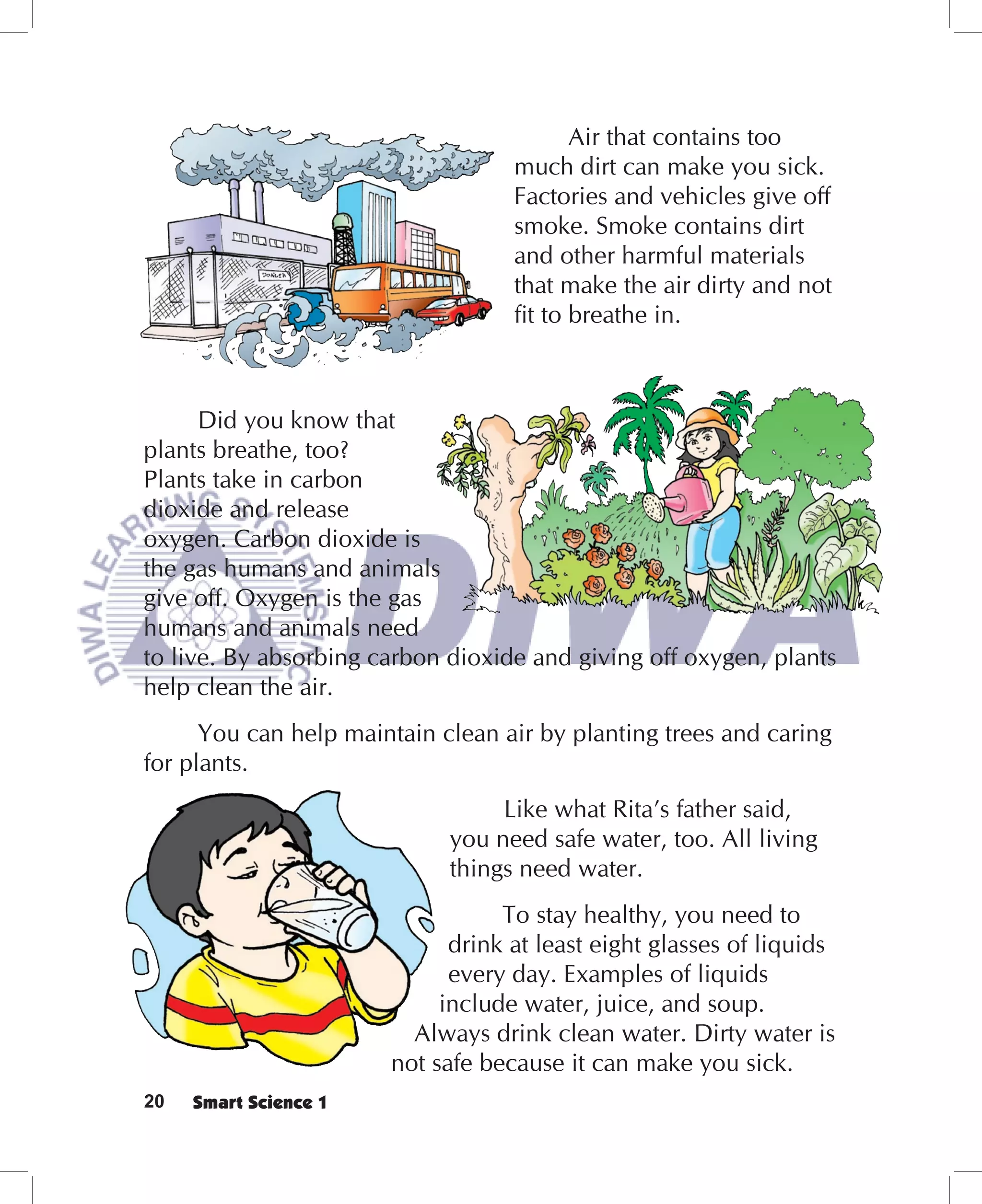 Air that contains too
                                   much dirt can make you sick.
                                   Factories and vehicles give off
                                   smoke. Smoke contains dirt
                                   and other harmful materials
                                   that make the air dirty and not
                                   ﬁt to breathe in.



      Did you know that
plants breathe, too?
Plants take in carbon
dioxide and release
oxygen. Carbon dioxide is
the gas humans and animals
give off. Oxygen is the gas
humans and animals need
to live. By absorbing carbon dioxide and giving off oxygen, plants
help clean the air.
      You can help maintain clean air by planting trees and caring
for plants.
                                  Like what Rita’s father said,
                             you need safe water, too. All living
                             things need water.
                                  To stay healthy, you need to
                             drink at least eight glasses of liquids
                             every day. Examples of liquids
                            include water, juice, and soup.
                         Always drink clean water. Dirty water is
                       not safe because it can make you sick.
20   Smart Science 1
 