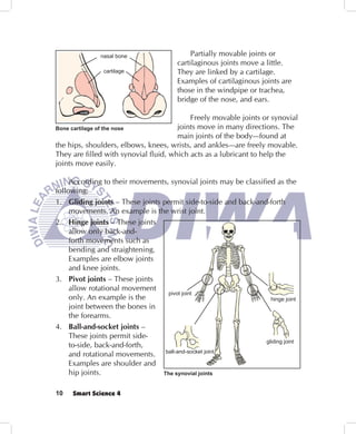 nasal bone                    Partially movable joints or
                                       cartilaginous joints move a little.
               cartilage               They are linked by a cartilage.
                                       Examples of cartilaginous joints are
                                       those in the windpipe or trachea,
                                       bridge of the nose, and ears.

                                           Freely movable joints or synovial
Bone cartilage of the nose             joints move in many directions. The
                                       main joints of the body—found at
the hips, shoulders, elbows, knees, wrists, and ankles—are freely movable.
They are filled with synovial fluid, which acts as a lubricant to help the
joints move easily.

     According to their movements, synovial joints may be classified as the
following:
1. Gliding joints – These joints permit side-to-side and back-and-forth
     movements. An example is the wrist joint.
2. Hinge joints – These joints
     allow only back-and-
     forth movements such as
     bending and straightening.
     Examples are elbow joints
     and knee joints.
3. Pivot joints – These joints
     allow rotational movement
                                  pivot joint
     only. An example is the                                        hinge joint
     joint between the bones in
     the forearms.
4. Ball-and-socket joints –
     These joints permit side-
                                                                  gliding joint
     to-side, back-and-forth,
     and rotational movements. ball-and-socket joint
     Examples are shoulder and
     hip joints.                 The synovial joints


10   Smart Science 4
 