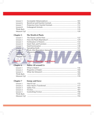 Lesson 5      Incomplete Metamorphosis ........................................................... 103
  Lesson 6      Beneficial and Harmful Animals .................................................... 106
  Lesson 7      Protection from Harmful Animals .................................................. 112
  Lesson 8      Endangered Animals ...................................................................... 116
  Think Back     ..................................................................................................... 119
  Measure Up!    ..................................................................................................... 120

Chapter 5       The World of Plants
  Lesson 1      The Flower and Its Parts ................................................................ 122
  Lesson 2      How Do Plants Reproduce? ........................................................... 129
  Lesson 3      Fertilization in Flowers .................................................................. 132
  Lesson 4      Seed: Parts and Functions .............................................................. 135
  Lesson 5      Seed Germination ......................................................................... 138
  Lesson 6      Spreading Seeds ............................................................................ 141
  Lesson 7      Plants Also Reproduce Asexually ................................................... 144
  Lesson 8      Conserving Plants .......................................................................... 149
  Think Back    ..................................................................................................... 152
  Measure Up!   ..................................................................................................... 153

Unit 3          Matter, Energy, and Force
Chapter 6       Matter All around Us
  Lesson 1      What Is Matter? ............................................................................. 156
  Lesson 2      Properties of Matter ....................................................................... 160
  Lesson 3      What Are Mixtures? ....................................................................... 166
  Think Back    ..................................................................................................... 169
  Measure Up!   ..................................................................................................... 170

Chapter 7       Energy and Force
  Lesson 1      Heat It Up! .................................................................................... 172
  Lesson 2      How Heat Is Transferred ................................................................ 177
  Lesson 3      Safety First ..................................................................................... 183
  Lesson 4      Friction .......................................................................................... 187
  Lesson 5      Controlling Friction ....................................................................... 190
  Think Back    ..................................................................................................... 194
  Measure Up!   ..................................................................................................... 194
 