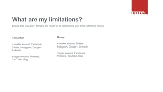 Time/effort
• smaller amount: Facebook,
Twitter, Instagram, Google+,
LinkedIn
• larger amount: Pinterest,
YouTube, blog
What are my limitations?
Ensure that you aren’t bringing too much on by determining your time, effort and money.
Money
• smaller amount: Twitter,
Instagram, Google+, LinkedIn
• larger amount: Facebook,
Pinterest, YouTube, blog
 