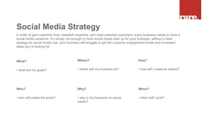 Social Media Strategy
In order to gain customer trust, establish expertise, and meet potential customers, every business needs to have a
social media presence. It’s simply not enough to have social media sites up for your business, without a clear
strategy for social media use, your business will struggle to get the customer engagement levels and increased
sales you’re looking for.
What?
• what are my goals?
Where?
• where will my business be?
How?
• how will I measure impact?
Who?
• who will create the posts?
Why?
• why is my business on social
media?
When?
• when will I post?
 
