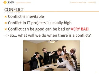Organizational Conflict

Prepared by Nam Trung – 17/10/2013

CONFLICT
Conflict is inevitable
 Conflict in IT projects is usually high
 Conflict can be good can be bad or VERY BAD.
=> So… what will we do when there is a conflict?


1

 