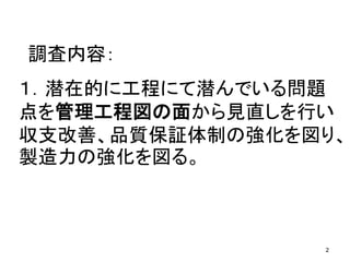 2
調査内容：
１．潜在的に工程にて潜んでいる問題
点を管理工程図の面から見直しを行い
収支改善、品質保証体制の強化を図り、
製造力の強化を図る。
 