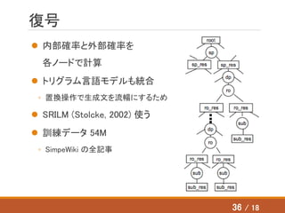 復号
 内部確率と外部確率を
各ノードで計算
 トリグラム言語モデルも統合
◦ 置換操作で生成文を流暢にするため
 SRILM (Stolcke, 2002) 使う
 訓練データ 54M
◦ SimpeWiki の全記事
36 / 18
 