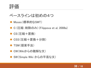 評価
ベースラインは初めの４つ
 Moses（標準的なSMT）
 C (圧縮：削除のみ) (Filippova et al, 2008a)
 CS（圧縮＋置換）
 CSS（圧縮＋置換＋分割）
 TSM（提案手法）
 CW（Wikiからの難解な文）
 SW（Simple Wiki からの平易な文）
38 / 18
 