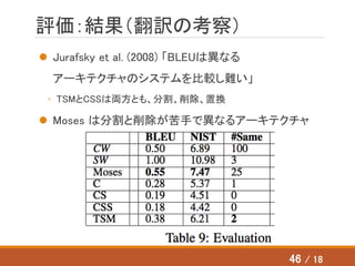 評価：結果（翻訳の考察）
 Jurafsky et al. (2008) 「BLEUは異なる
アーキテクチャのシステムを比較し難い」
◦ TSMとCSSは両方とも、分割、削除、置換
 Moses は分割と削除が苦手で異なるアーキテクチャ
46 / 18
 