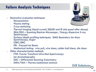 40 
9000 Virginia Manor Rd Ste 290, Beltsville MD 20705 | 301-474-0607 | www.dfrsolutions.com 
40 
Failure Analysis Techniques 
oDestructive evaluation techniques 
oDecapsulation 
oPlasma etching 
oCross-sectioning 
oThermal imaging (liquid crystal; SQUID and IR also good after decap) 
oSEM/EDX – Scanning Electron Microscope / Energy dispersive X-ray Spectroscopy 
oSurface/depth profiling techniques: SIMS-Secondary Ion Mass Spectroscopy, Auger 
oOBIC/EBIC 
oFIB - Focused Ion Beam 
oMechanical testing: wire pull, wire shear, solder ball shear, die shear 
oOther characterization methods 
oFTIR- Fourier Transform Infra-Red Spectroscopy 
oIon chromatography 
oDSC – Differential Scanning Calorimetry 
oDMA/TMA – Thermo-mechanical analysis 
 