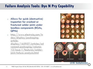 42 
9000 Virginia Manor Rd Ste 290, Beltsville MD 20705 | 301-474-0607 | www.dfrsolutions.com 
Failure Analysis Tools: Dye N Pry Capability 
oAllows for quick (destructive) inspection for cracked or fractured solder joints under leadless components (BGAs, QFNs) 
ohttp://www.electroiq.com/index/display/packaging- article- display/165957/articles/advanced-packaging/volume- 12/issue-1/features/solder- joint-failure-analysis.html  