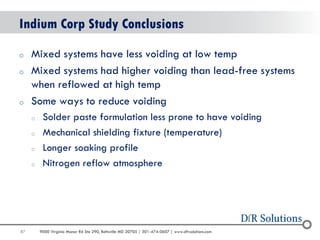 87 
9000 Virginia Manor Rd Ste 290, Beltsville MD 20705 | 301-474-0607 | www.dfrsolutions.com 
Indium Corp Study Conclusions 
oMixed systems have less voiding at low temp 
oMixed systems had higher voiding than lead-free systems when reflowed at high temp 
oSome ways to reduce voiding 
oSolder paste formulation less prone to have voiding 
oMechanical shielding fixture (temperature) 
oLonger soaking profile 
oNitrogen reflow atmosphere  