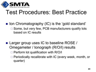 Test Procedures: Best Practice 
Ion Chromatography (IC) is the ‘gold standard’ 
Some, but very few, PCB manufacturers qualify lots based on IC results 
Larger group uses IC to baseline ROSE / Omegameter / Ionograph (R/O/I) results 
Perform lot qualification with R/O/I 
Periodically recalibrate with IC (every week, month, or quarter) 
24  