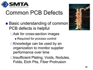 Common PCB Defects 
Basic understanding of common PCB defects is helpful 
Ask for cross-section images 
Required for process control 
Knowledge can be used by an organization to monitor supplier performance over time 
Insufficient Plating, Voids, Nodules, Folds, Etch Pits, Fiber Protrusion 
25  