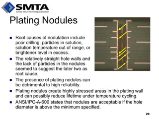 Plating Nodules 
Root causes of nodulation include poor drilling, particles in solution, solution temperature out of range, or brightener level in excess. 
The relatively straight hole walls and the lack of particles in the nodules seemed to suggest the later two as root cause. 
The presence of plating nodules can be detrimental to high reliability. 
Plating nodules create highly stressed areas in the plating wall and can possibly reduce lifetime under temperature cycling. 
ANSI/IPC-A-600 states that nodules are acceptable if the hole diameter is above the minimum specified. 
29  