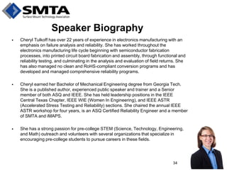 Speaker Biography 
Cheryl Tulkoff has over 22 years of experience in electronics manufacturing with an emphasis on failure analysis and reliability. She has worked throughout the electronics manufacturing life cycle beginning with semiconductor fabrication processes, into printed circuit board fabrication and assembly, through functional and reliability testing, and culminating in the analysis and evaluation of field returns. She has also managed no clean and RoHS-compliant conversion programs and has developed and managed comprehensive reliability programs. 
Cheryl earned her Bachelor of Mechanical Engineering degree from Georgia Tech. She is a published author, experienced public speaker and trainer and a Senior member of both ASQ and IEEE. She has held leadership positions in the IEEE Central Texas Chapter, IEEE WIE (Women In Engineering), and IEEE ASTR (Accelerated Stress Testing and Reliability) sections. She chaired the annual IEEE ASTR workshop for four years, is an ASQ Certified Reliability Engineer and a member of SMTA and iMAPS. 
She has a strong passion for pre-college STEM (Science, Technology, Engineering, and Math) outreach and volunteers with several organizations that specialize in encouraging pre-college students to pursue careers in these fields. 
34  