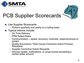 Use Supplier Scorecards 
Perform quarterly and yearly on a rolling basis 
Typical metrics include: 
On Time Delivery 
PPM Defect Rates 
Communication – speed, accuracy, channels, responsiveness to quotes 
Quality Excursions / Root Cause Corrective Action Process Resolution 
Supplier Corrective Action Requests 
Discuss recalls, notifications, or scrap events exceeding a certain dollar amount 
PCB Supplier Scorecards 
9  