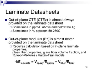 Out-of-plane CTE (CTEz) is almost always provided on the laminate datasheet 
Sometimes in ppm/C above and below the Tg 
Sometimes in % between 50-260C 
Out-of-plane modulus (Ez) is almost never provided on the laminate datasheet 
Requires calculation based on in-plane laminate properties, glass fiber properties, glass fiber volume fraction, and Rule-of-Mixtures / Halpin-Tsai models 
Laminate Datasheets 
1/Elaminate = Vepoxy/Eepoxy + Vfiber/Efiber 
13  
