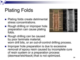 Plating Folds 
Plating folds create detrimental stress concentrations. 
Rough drilling or improper hole preparation can cause plating folds. 
Rough drilling can be caused by poor laminate material, worn drill bits, or an out-of-control drilling process. 
Improper hole preparation is due to excessive removal of epoxy resin caused by incomplete cure of resin system or a preparation process (desmear/etchback) that is not optimized. 
31  