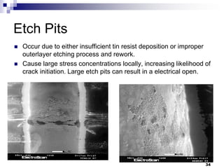 Etch Pits 
Occur due to either insufficient tin resist deposition or improper outerlayer etching process and rework. 
Cause large stress concentrations locally, increasing likelihood of crack initiation. Large etch pits can result in a electrical open. 
34  