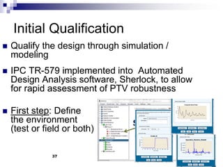 Qualify the design through simulation / modeling 
IPC TR-579 implemented into Automated Design Analysis software, Sherlock, to allow for rapid assessment of PTV robustness 
First step: Define the environment (test or field or both) 
Initial Qualification 
37  