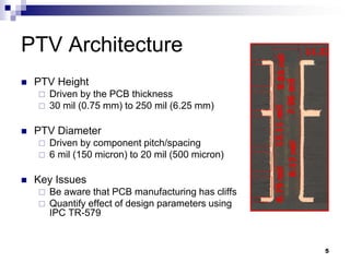 PTV Height 
Driven by the PCB thickness 
30 mil (0.75 mm) to 250 mil (6.25 mm) 
PTV Diameter 
Driven by component pitch/spacing 
6 mil (150 micron) to 20 mil (500 micron) 
Key Issues 
Be aware that PCB manufacturing has cliffs 
Quantify effect of design parameters using IPC TR-579 
PTV Architecture 
5  