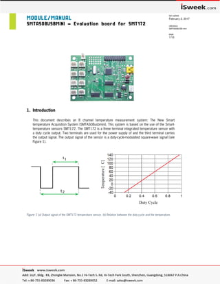 MODULE/MANUAL
SMTAS08USBMINI – Evaluation board for SMT172
last update
February 2, 2017
reference
SMTAS08USB mini
page
1/10
1. Introduction
This document describes an 8 channel temperature measurement system: The New Smart
temperature Acquisition System (SMTAS08usbmini). This system is based on the use of the Smart-
temperature sensors SMT172. The SMT172 is a three terminal integrated temperature sensor with
a duty cycle output. Two terminals are used for the power supply of and the third terminal carries
the output signal. The output signal of the sensor is a duty-cycle-modulated square-wave signal (see
Figure 1).
Figure 1 (a) Output signal of the SMT172 temperature sensor, (b) Relation between the duty-cycle and the temperature.
 
