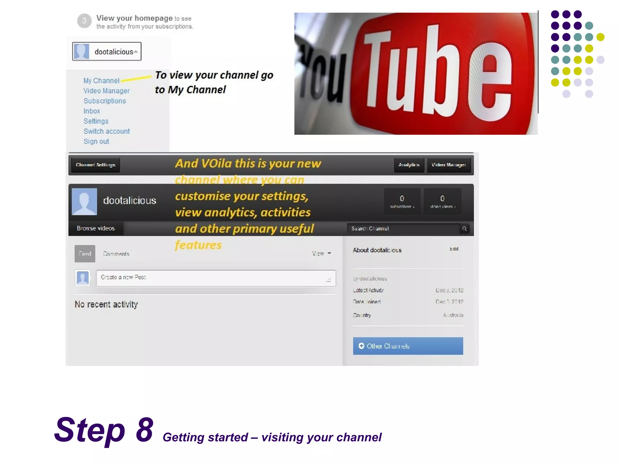 Step 8   Getting started – visiting your channel
 
