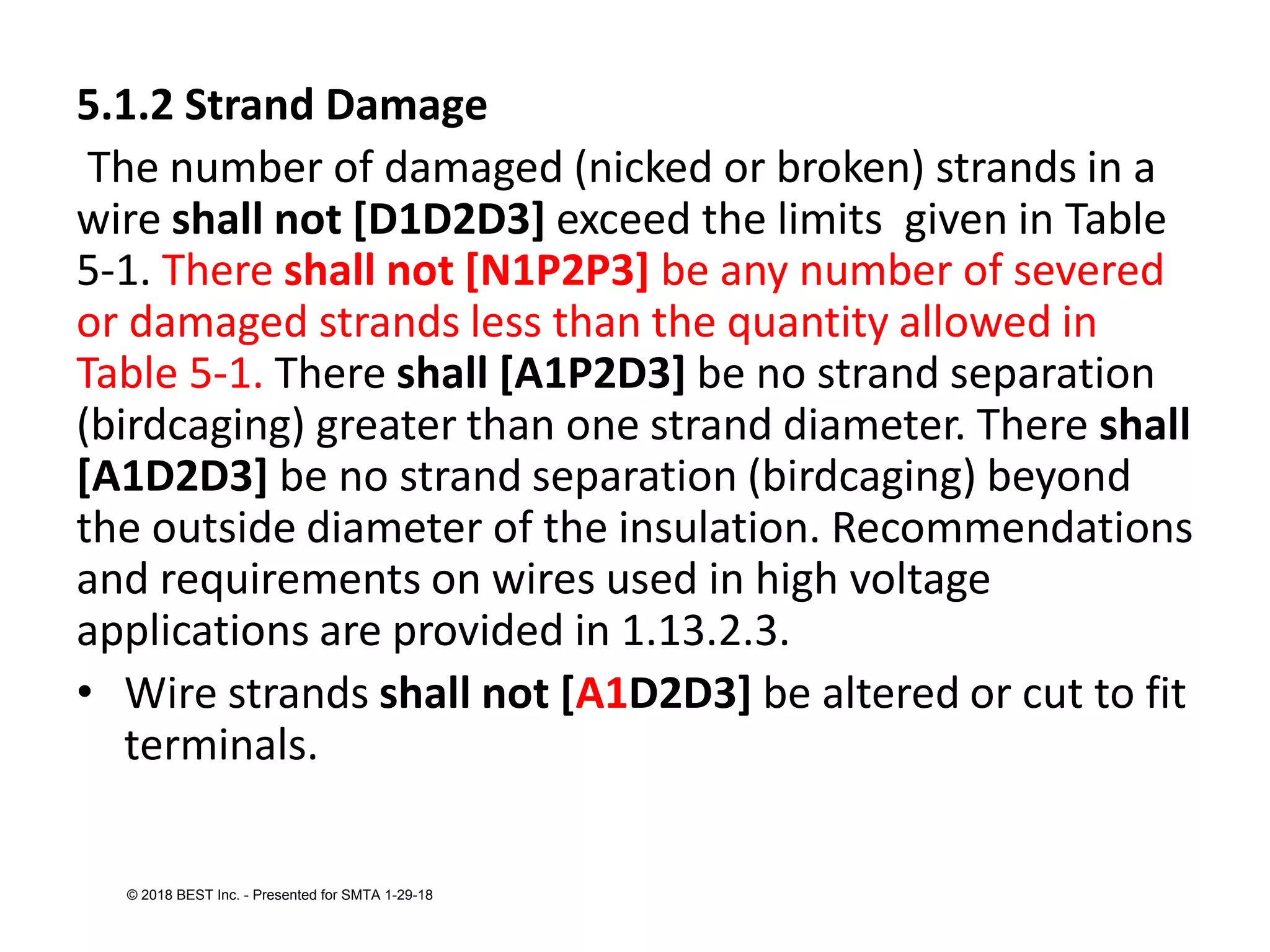 5.1.2 Strand Damage
The number of damaged (nicked or broken) strands in a
wire shall not [D1D2D3] exceed the limits given in Table
5-1. There shall not [N1P2P3] be any number of severed
or damaged strands less than the quantity allowed in
Table 5-1. There shall [A1P2D3] be no strand separation
(birdcaging) greater than one strand diameter. There shall
[A1D2D3] be no strand separation (birdcaging) beyond
the outside diameter of the insulation. Recommendations
and requirements on wires used in high voltage
applications are provided in 1.13.2.3.
• Wire strands shall not [A1D2D3] be altered or cut to fit
terminals.
© 2018 BEST Inc. - Presented for SMTA 1-29-18
 