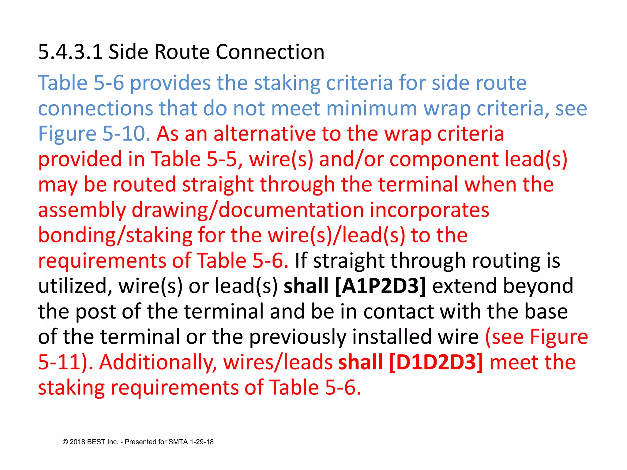 5.4.3.1 Side Route Connection
Table 5-6 provides the staking criteria for side route
connections that do not meet minimum wrap criteria, see
Figure 5-10. As an alternative to the wrap criteria
provided in Table 5-5, wire(s) and/or component lead(s)
may be routed straight through the terminal when the
assembly drawing/documentation incorporates
bonding/staking for the wire(s)/lead(s) to the
requirements of Table 5-6. If straight through routing is
utilized, wire(s) or lead(s) shall [A1P2D3] extend beyond
the post of the terminal and be in contact with the base
of the terminal or the previously installed wire (see Figure
5-11). Additionally, wires/leads shall [D1D2D3] meet the
staking requirements of Table 5-6.
© 2018 BEST Inc. - Presented for SMTA 1-29-18
 