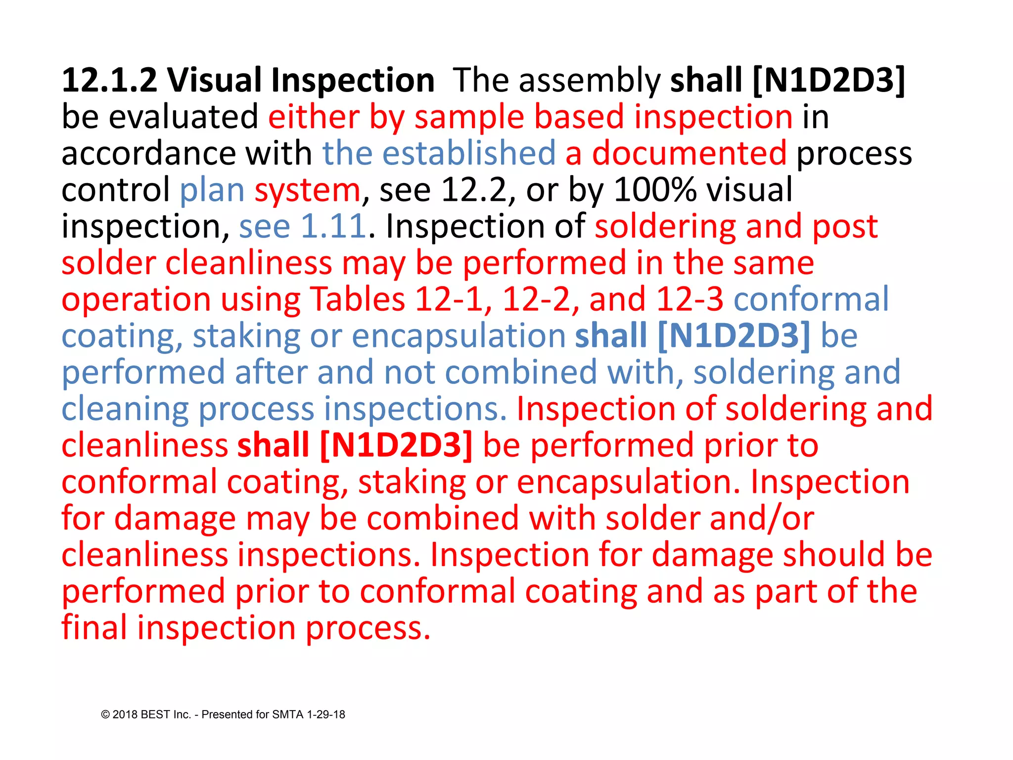 12.1.2 Visual Inspection The assembly shall [N1D2D3]
be evaluated either by sample based inspection in
accordance with the established a documented process
control plan system, see 12.2, or by 100% visual
inspection, see 1.11. Inspection of soldering and post
solder cleanliness may be performed in the same
operation using Tables 12-1, 12-2, and 12-3 conformal
coating, staking or encapsulation shall [N1D2D3] be
performed after and not combined with, soldering and
cleaning process inspections. Inspection of soldering and
cleanliness shall [N1D2D3] be performed prior to
conformal coating, staking or encapsulation. Inspection
for damage may be combined with solder and/or
cleanliness inspections. Inspection for damage should be
performed prior to conformal coating and as part of the
final inspection process.
© 2018 BEST Inc. - Presented for SMTA 1-29-18
 