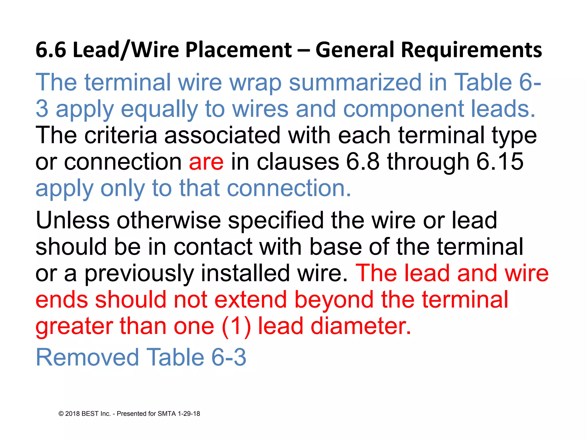 6.6 Lead/Wire Placement – General Requirements
The terminal wire wrap summarized in Table 6-
3 apply equally to wires and component leads.
The criteria associated with each terminal type
or connection are in clauses 6.8 through 6.15
apply only to that connection.
Unless otherwise specified the wire or lead
should be in contact with base of the terminal
or a previously installed wire. The lead and wire
ends should not extend beyond the terminal
greater than one (1) lead diameter.
Removed Table 6-3
© 2018 BEST Inc. - Presented for SMTA 1-29-18
 