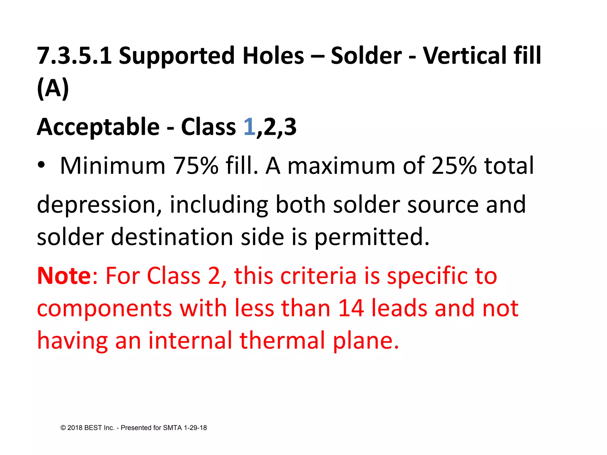 7.3.5.1 Supported Holes – Solder - Vertical fill
(A)
Acceptable - Class 1,2,3
• Minimum 75% fill. A maximum of 25% total
depression, including both solder source and
solder destination side is permitted.
Note: For Class 2, this criteria is specific to
components with less than 14 leads and not
having an internal thermal plane.
© 2018 BEST Inc. - Presented for SMTA 1-29-18
 