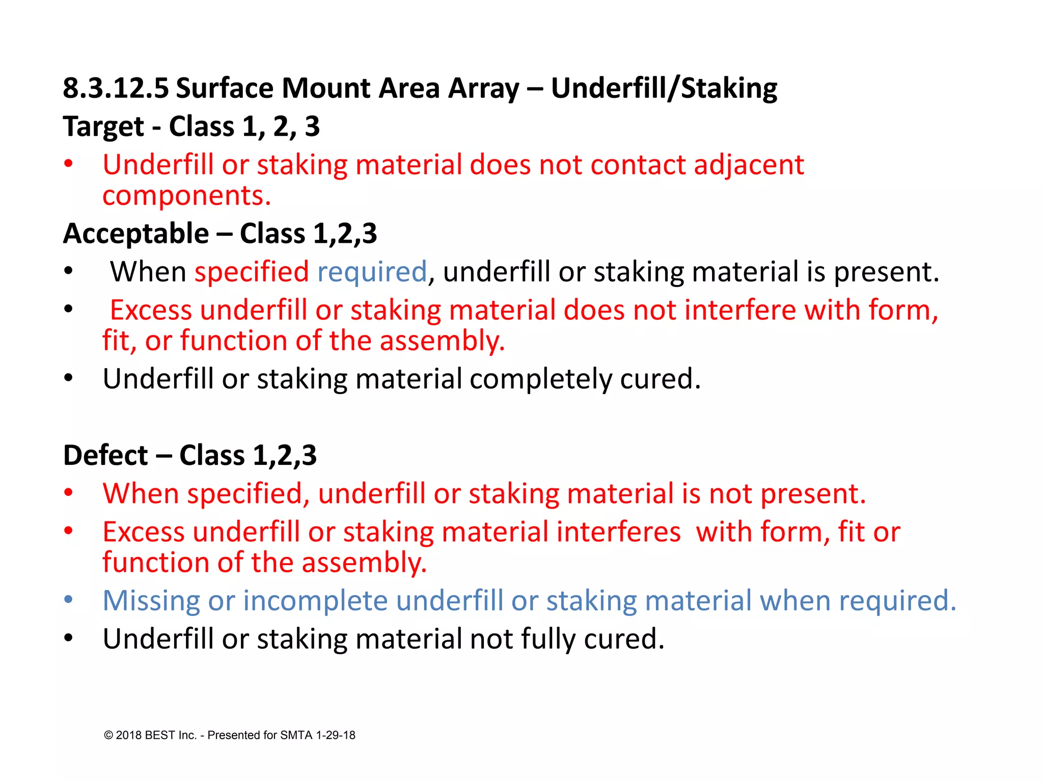 8.3.12.5 Surface Mount Area Array – Underfill/Staking
Target - Class 1, 2, 3
• Underfill or staking material does not contact adjacent
components.
Acceptable – Class 1,2,3
• When specified required, underfill or staking material is present.
• Excess underfill or staking material does not interfere with form,
fit, or function of the assembly.
• Underfill or staking material completely cured.
Defect – Class 1,2,3
• When specified, underfill or staking material is not present.
• Excess underfill or staking material interferes with form, fit or
function of the assembly.
• Missing or incomplete underfill or staking material when required.
• Underfill or staking material not fully cured.
© 2018 BEST Inc. - Presented for SMTA 1-29-18
 