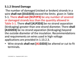 5.1.2 Strand Damage
The number of damaged (nicked or broken) strands in a
wire shall not [D1D2D3] exceed the limits given in Table
5-1. There shall not [N1P2P3] be any number of severed
or damaged strands less than the quantity allowed in
Table 5-1. There shall [A1P2D3] be no strand separation
(birdcaging) greater than one strand diameter. There shall
[A1D2D3] be no strand separation (birdcaging) beyond
the outside diameter of the insulation. Recommendations
and requirements on wires used in high voltage
applications are provided in 1.13.2.3.
• Wire strands shall not [A1D2D3] be altered or cut to fit
terminals.
© 2018 BEST Inc. - Presented for SMTA 1-29-18
 