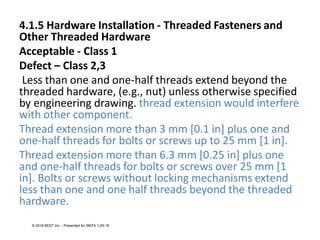 4.1.5 Hardware Installation - Threaded Fasteners and
Other Threaded Hardware
Acceptable - Class 1
Defect – Class 2,3
Less than one and one-half threads extend beyond the
threaded hardware, (e.g., nut) unless otherwise specified
by engineering drawing. thread extension would interfere
with other component.
Thread extension more than 3 mm [0.1 in] plus one and
one-half threads for bolts or screws up to 25 mm [1 in].
Thread extension more than 6.3 mm [0.25 in] plus one
and one-half threads for bolts or screws over 25 mm [1
in]. Bolts or screws without locking mechanisms extend
less than one and one half threads beyond the threaded
hardware.
© 2018 BEST Inc. - Presented for SMTA 1-29-18
 