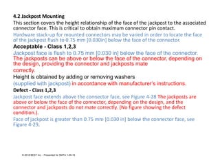 4.2 Jackpost Mounting
This section covers the height relationship of the face of the jackpost to the associated
connector face. This is critical to obtain maximum connector pin contact.
Hardware stack-up for mounted connectors may be varied in order to locate the face
of the jackpost flush to 0.75 mm [0.030in] below the face of the connector.
Acceptable - Class 1,2,3
Jackpost face is flush to 0.75 mm [0.030 in] below the face of the connector.
The jackposts can be above or below the face of the connector, depending on
the design, providing the connector and jackposts mate
correctly.
Height is obtained by adding or removing washers
(supplied with jackpost) in accordance with manufacturer’s instructions.
Defect - Class 1,2,3
Jackpost face extends above the connector face, see Figure 4-28 The jackposts are
above or below the face of the connector, depending on the design, and the
connector and jackposts do not mate correctly. (No figure showing the defect
condition.).
Face of jackpost is greater than 0.75 mm [0.030 in] below the connector face, see
Figure 4-29.
© 2018 BEST Inc. - Presented for SMTA 1-29-18
 