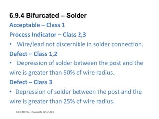 6.9.4 Bifurcated – Solder
Acceptable – Class 1
Process Indicator – Class 2,3
• Wire/lead not discernible in solder connection.
Defect – Class 1,2
• Depression of solder between the post and the
wire is greater than 50% of wire radius.
Defect – Class 3
• Depression of solder between the post and the
wire is greater than 25% of wire radius.
© 2018 BEST Inc. - Presented for SMTA 1-29-18
 
