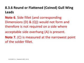 8.3.6 Round or Flattened (Coined) Gull Wing
Leads
Note 6. Side fillet (and corresponding
Dimensions (D) & (Q)) would not form and
therefore is not required on a side where
acceptable side overhang (A) is present.
Note 7. (C) is measured at the narrowest point
of the solder fillet.
© 2018 BEST Inc. - Presented for SMTA 1-29-18
 