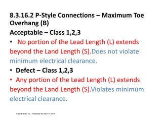 8.3.16.2 P-Style Connections – Maximum Toe
Overhang (B)
Acceptable – Class 1,2,3
• No portion of the Lead Length (L) extends
beyond the Land Length (S).Does not violate
minimum electrical clearance.
• Defect – Class 1,2,3
• Any portion of the Lead Length (L) extends
beyond the Land Length (S).Violates minimum
electrical clearance.
© 2018 BEST Inc. - Presented for SMTA 1-29-18
 
