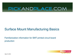 Surface Mount Manufacturing Basics

Familiarization information for SMT printed circuit board
production




July 9, 2012
 