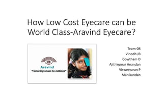 How Low Cost Eyecare can be
World Class-Aravind Eyecare?
Team-08
Vinodh JB
Gowtham D
Ajithkumar Anandan
Viswesvaran P
Manikandan
 