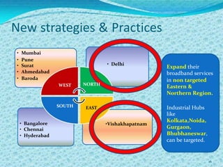 New strategies & Practices
 •   Mumbai
 •   Pune
 •   Surat                         • Delhi
                                                     Expand their
 •   Ahmedabad                                       broadband services
 •   Baroda                                          in non targeted
                   WEST    NORTH
                                                     Eastern &
                                                     Northern Region.

                   SOUTH   EAST                      Industrial Hubs
                                                     like
                                                     Kolkata,Noida,
     • Bangalore                   •Vishakhapatnam
     • Chennai                                       Gurgaon,
     • Hyderabad                                     Bhubhaneswar,
                                                     can be targeted.


                                                                        16
 