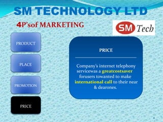 SM TECHNOLOGY LTD
4P’sof MARKETING

PRODUCT
                        PRICE
             ___________________________
  PLACE       Company’s internet telephony
              servicewas a greatcostsaver
               forusers towanted to make
             international call to their near
PROMOTION
                      & dearones.



  PRICE

                                                8
 
