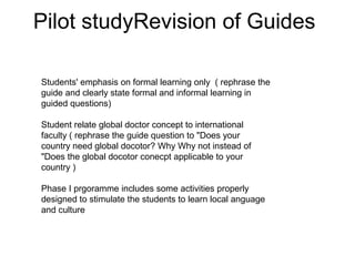 Pilot studyRevision of Guides 
Students' emphasis on formal learning only ( rephrase the 
guide and clearly state formal and informal learning in 
guided questions) 
Student relate global doctor concept to international 
faculty ( rephrase the guide question to "Does your 
country need global docotor? Why Why not instead of 
"Does the global docotor conecpt applicable to your 
country ) 
Phase I prgoramme includes some activities properly 
designed to stimulate the students to learn local anguage 
and culture 
 
